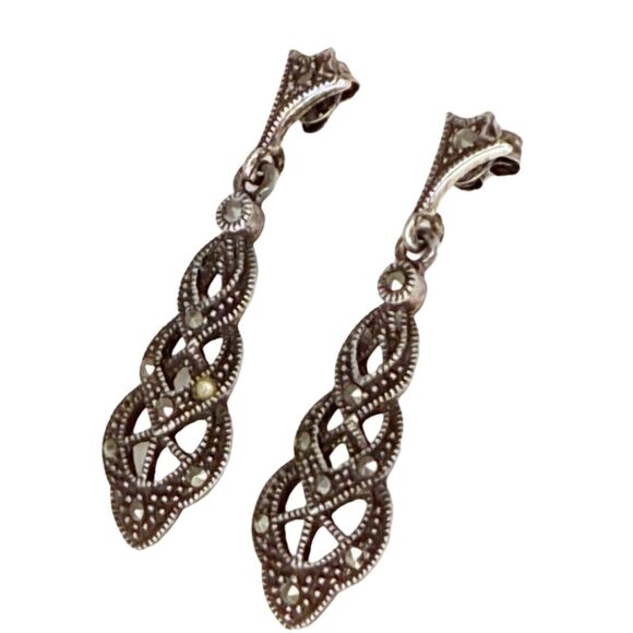 925 Sterling Silver Marcasite Dangle Earrings 1 3/8" Tiered Art Deco Sparkle - Picture 5 of 10